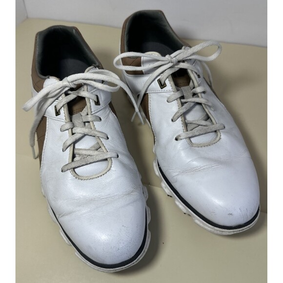 FootJoy Golf Shoes Cleats Mens 9 M Pro SL White Brown Classic Waterproof 53219 - Picture 1 of 9